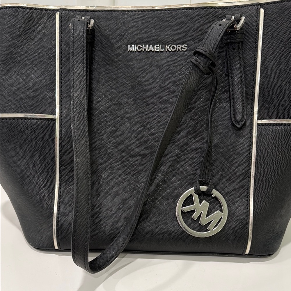Michael Kors Black Structured Tote with Silver Hardware